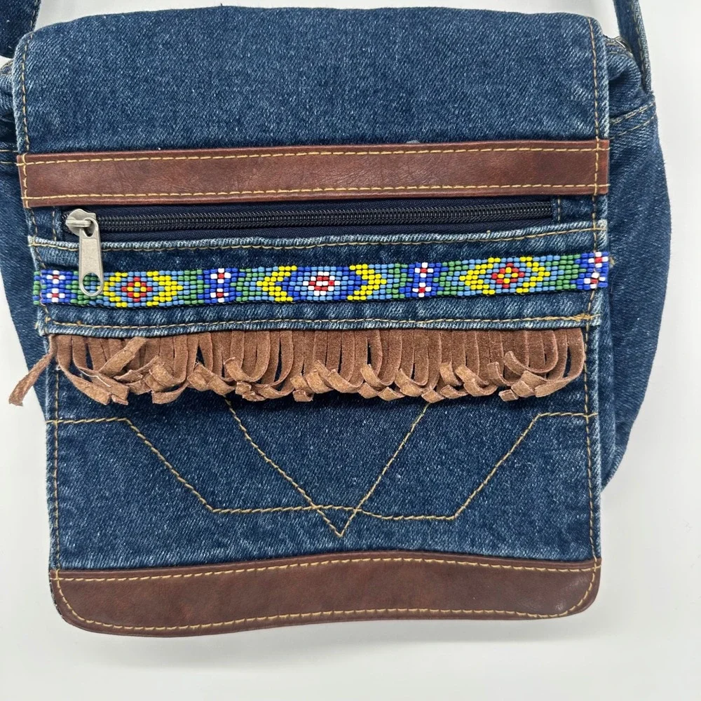 Boho 90s Denim Crossbody Bag Beaded‎ Fringe Leather Trim Adjustable Strap